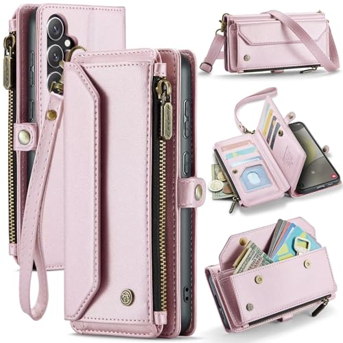 FMPCUON Handyhülle für Samsung Galaxy S24 Ultra, Retro Reißverschluss Hülle Premium PU Leder Weiche Klapphülle Magnetverschluss Kartenfach Standfunktion Geldbörse mit Trageband Schutzhülle,Rosa von FMPCUON