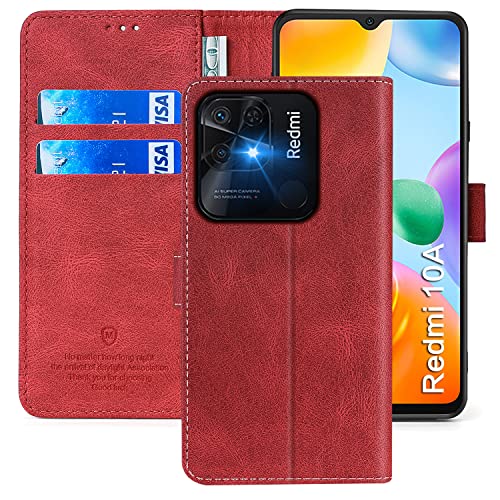 FMPCUON Handyhülle für Xiaomi Redmi 10A,Xiaomi Redmi 10A Hülle [Flip Wallet Case][TPU Bumper Schutzhülle][Leder Folio Tasche] Etui Stand Klapphülle für Xiaomi Redmi 10A,Rot von FMPCUON