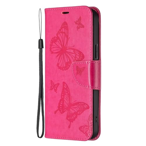 FMPCUON Handyhülle für iPhone 13 Mini Hülle mit Schmetterling Muster Hülle, Flip Lederhülle Tasche Case Magnet Kartenfach Schutzhülle Standfunktion für iPhone 13 Mini, Rosenrot von FMPCUON