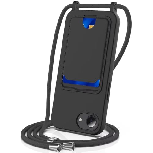 FMPCUON Handykette Flüssigsilikon Hülle für iPhone 16E mit Band,Handyhülle mit Kartenfach,Necklace Schutzhülle mit Abnehmbar Kordel zum Umhängen Stossfest Bumper,Schwarz von FMPCUON