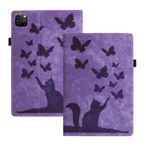 FMPCUON Hülle Kompatibel mit Amazon Fire HD 10 2023 PU Ledertasche Folio Flip Case Kartensteckplatz Brieftasche Tablet Schutzhülle Geprägter Schmetterling Katze für Amazon Fire HD 10 2023, Lila von FMPCUON