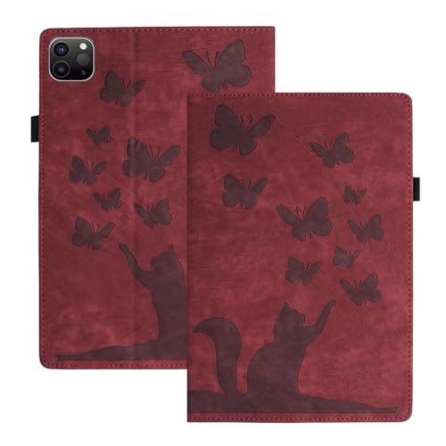 FMPCUON Hülle Kompatibel mit Amazon Fire Max 11 2023 PU Ledertasche Folio Flip Case Kartensteckplatz Brieftasche Tablet Schutzhülle Geprägter Schmetterling Katze für Amazon Fire Max 11 2023, Rot von FMPCUON
