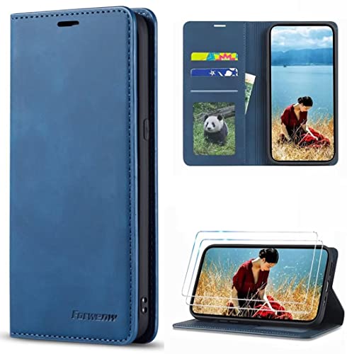 FMPCUON Hülle Kompatibel mit iPhone 13 Mini mit Panzerglas Schutzfolie *2,Tasche Premium Leder Wallet Flip Case Brieftasche Etui,Blau von FMPCUON