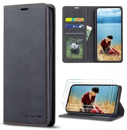 FMPCUON Hülle Kompatibel mit iPhone 13 Mini mit Panzerglas Schutzfolie *2,Tasche Premium Leder Wallet Flip Case Brieftasche Etui,Schwarz von FMPCUON