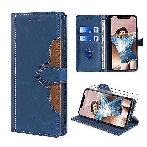 FMPCUON Hülle für Apple iPhone 13 Pro Max,Apple iPhone 13 Pro Max Schutzhülle/Klapphülle,Leder Flip Wallet Case Tasche Handytasche Cover [Panzerglas Schutzfolie *2] Blau von FMPCUON