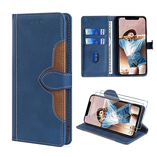 FMPCUON Hülle für Apple iPhone 14,Apple iPhone 14 Schutzhülle/Klapphülle,Leder Flip Wallet Case Tasche Handytasche Cover [Panzerglas Schutzfolie *2] Blau von FMPCUON