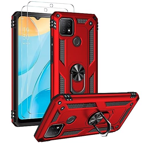 FMPCUON Hülle für Google Pixel 4 + schutzfolie, Militärische Armor Hybrid Schutzhülle Silikon Stoßfest Bumper Cover Case Ringhalter Handytasche Handy Hüllen,Rot von FMPCUON