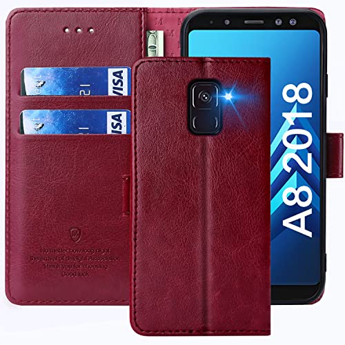 FMPCUON Hülle für Samsung Galaxy A8 2018 Handyhülle [Standfunktion] [Kartenfach] [Magnetverschluss] Tasche Flip Case Schutzhülle lederhülle klapphülle für Samsung Galaxy A8 2018 Rot von FMPCUON