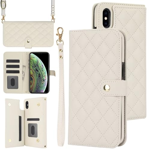 FMPCUON Hülle für iPhone 13 Pro Leder Crossbody Brieftasche Klapphülle mit 2 Abnehmbarem Lanyard Riemen, mit Ständer, Luxus Magnetverschlüsse Stoßfest Handyhülle mit Kartenfach, Weiß von FMPCUON