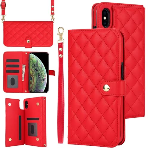 FMPCUON Hülle für iPhone X/XS Leder Crossbody Brieftasche Klapphülle mit 2 Abnehmbarem Lanyard Riemen, mit Ständer, Luxus Magnetverschlüsse Stoßfest Handyhülle mit Kartenfach, Rot von FMPCUON