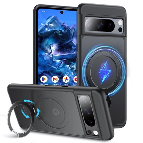 [360° Drehbarer Magnet Ring] für Google Pixel 8 Pro Hülle mit MagSafe [NO.1 Magnetisch Ständer] [Translucent Matt] [Militärschutz] Hardcase mit Silikon Bumper für Pixel 8 Pro Case Dünn 6.7'', Schwarz von FNDMIL