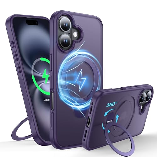 FNDMIL 360°Drehbarer Magnetisch für New 16 Hülle mit Mag-Safe [Rutschfester Textur][Unsichtbarer Ständer][Militär Schutz] Translucent Matt Hardcase mit Silikon für New 16 Case Dünn, Lila von FNDMIL