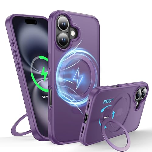 FNDMIL 360°Drehbarer Magnetisch für New 16 Plus Hülle mit Mag-Safe [Rutschfester Textur][Unsichtbarer Ständer][Militär Schutz] Translucent Matt Hardcase mit Silikon für Case Dünn, Lila von FNDMIL