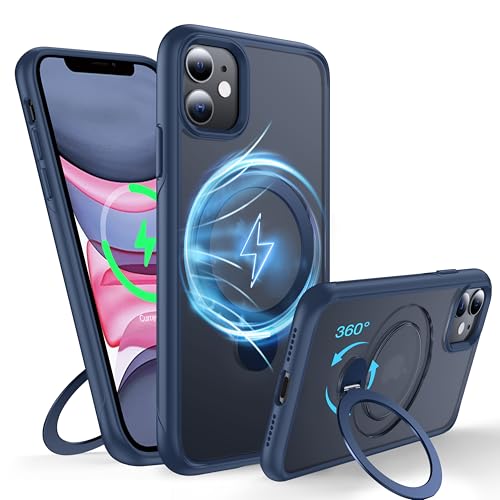 FNDMIL 360°Drehbarer Magnetisch für iPhone 11 Hülle mit MagSafe [Rutschfester Textur][Unsichtbarer Ständer][Militär Schutz] Translucent Matt Hardcase mit Silikon für iPhone 11 Case Dünn,Blau von FNDMIL