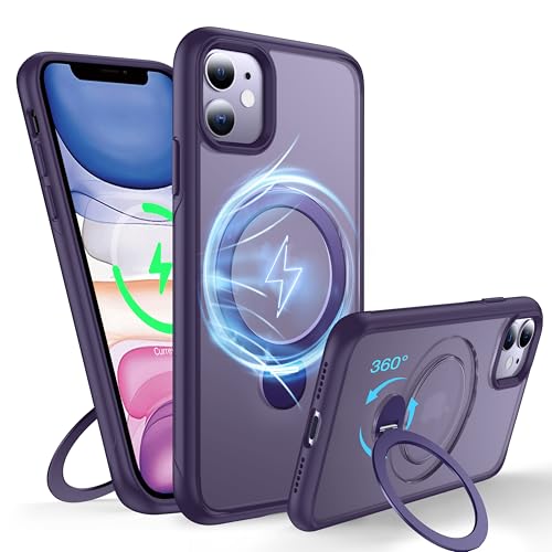 FNDMIL 360°Drehbarer Magnetisch für iPhone 11 Hülle mit MagSafe [Rutschfester Textur][Unsichtbarer Ständer][Militär Schutz] Translucent Matt Hardcase mit Silikon für iPhone 11 Case Dünn,Lila von FNDMIL