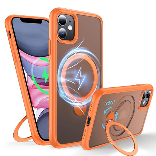 FNDMIL 360°Drehbarer Magnetisch für iPhone 11 Hülle mit MagSafe [Rutschfester Textur][Unsichtbarer Ständer][Militär Schutz] Translucent Matt Hardcase mit Silikon für iPhone 11 Case Dünn,Orange von FNDMIL
