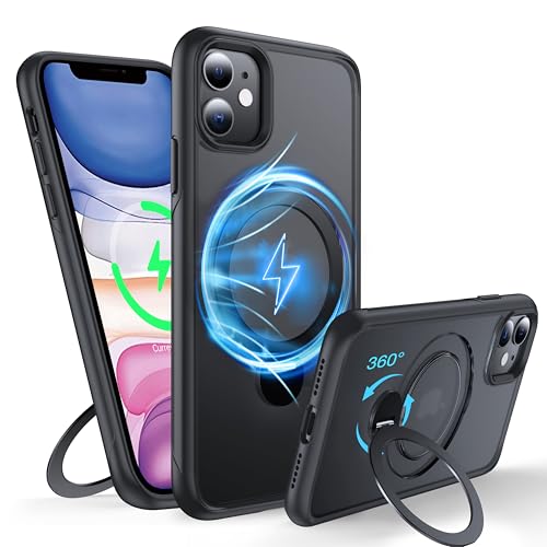 FNDMIL für iPhone 11 Hülle mit 360° Magnetische Ständer [Kompatibel mit MagSafe] [Militär Schutz] [Rutschfester Stoßfänger] Durchscheinende Matt Handyhülle für iPhone 11, Mitternacht Schwarz von FNDMIL