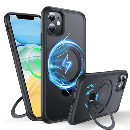FNDMIL 360°Drehbarer Magnetisch für iPhone 11 Hülle mit MagSafe [Unsichtbarer Ständer][Rutschfester Textur][Militär Schutz] Translucent Matt Hardcase mit Silikon Case Dünn,Schwarz von FNDMIL