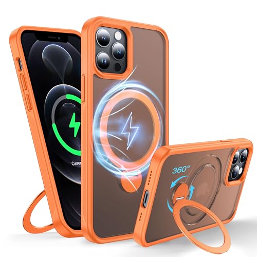 FNDMIL 360°Drehbarer Magnetisch für iPhone 12/12 Pro Hülle mit MagSafe [Rutschfester Textur][Unsichtbarer Ständer][Militär Schutz] Translucent Matt Hardcase für iPhone 12/12 Pro Case Dünn,Orange von FNDMIL