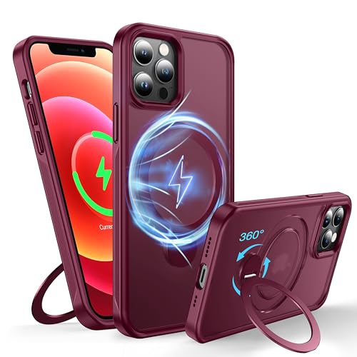 FNDMIL 360°Drehbarer Magnetisch für iPhone 12/12 Pro Hülle mit MagSafe [Rutschfester Textur][Unsichtbarer Ständer][Militär Schutz] Translucent Matt Hardcase für iPhone 12/12 Pro Case Dünn,Rot von FNDMIL