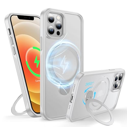 FNDMIL 360°Drehbarer Magnetisch für iPhone 12/12 Pro Hülle mit MagSafe [Rutschfester Textur][Unsichtbarer Ständer][Militär Schutz] Translucent Matt Hardcase für iPhone 12/12 Pro Case Dünn,Weiß von FNDMIL