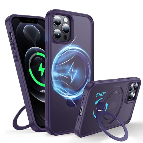 FNDMIL 360°Drehbarer Magnetisch für iPhone 12/12 Pro Hülle mit MagSafe [Rutschfester Textur][Unsichtbarer Ständer][Militär Schutz] Translucent Matt Hardcase mit Silikon für iPhone 12/12 Pro Case,Lila von FNDMIL