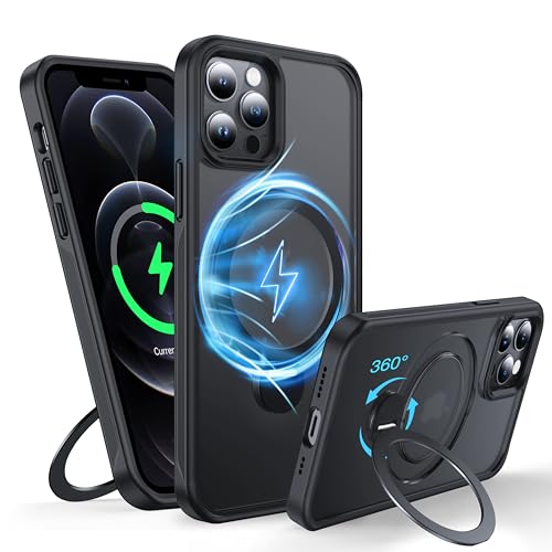 FNDMIL 360°Drehbarer Magnetisch für iPhone 12 Pro Max Hülle mit MagSafe [Rutschfester Textur][Unsichtbarer Ständer][Militär Schutz] Translucent Matt mit Silikon für iPhone 12 Pro Max Case Dünn,Schwarz von FNDMIL