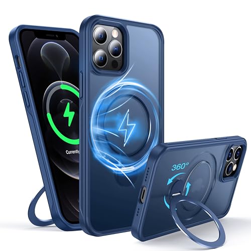 FNDMIL 360°Drehbarer Magnetisch für iPhone 12 Pro Max Hülle mit MagSafe [Rutschfester Textur][Unsichtbarer Ständer][Militär Schutz] Translucent Matt mit Silikon für iPhone 12 Pro Max Case Dünn,Blau von FNDMIL
