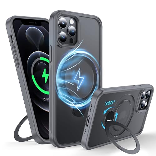 FNDMIL 360°Drehbarer Magnetisch für iPhone 12 Pro Max Hülle mit MagSafe [Rutschfester Textur][Unsichtbarer Ständer][Militär Schutz] Translucent Matt mit Silikon für iPhone 12 Pro Max Case Dünn,Grau von FNDMIL
