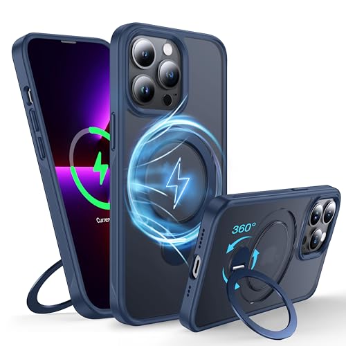 FNDMIL 360°Drehbarer Magnetisch für iPhone 13 Pro Hülle mit MagSafe [Rutschfester Textur][Unsichtbarer Ständer][Militär Schutz] Translucent Matt mit Silikon für iPhone 13 Pro Case Dünn,Marine Blau von FNDMIL