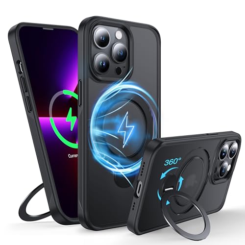 FNDMIL 360°Drehbarer Magnetisch für iPhone 13 Pro Hülle mit MagSafe [Rutschfester Textur][Unsichtbarer Ständer][Militär Schutz]Translucent Matt Hardcase mit Silikon für iPhone 13 Pro Case Dünn,Schwarz von FNDMIL