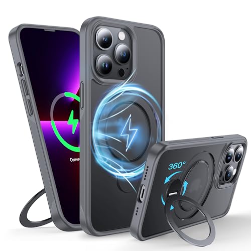 FNDMIL 360°Drehbarer Magnetisch für iPhone 13 Pro Hülle mit MagSafe [Rutschfester Textur][Unsichtbarer Ständer][Militär Schutz] Translucent Matt Hardcase mit Silikon für iPhone 13 Pro Case Dünn,Grau von FNDMIL