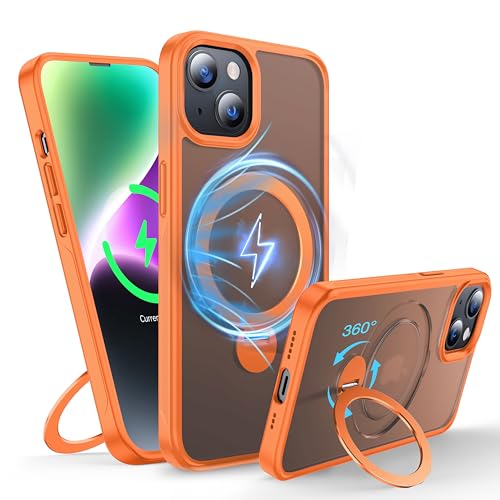 FNDMIL 360°Drehbarer Magnetisch für iPhone 14 Plus/15 Plus Hülle mit MagSafe [Rutschfester Textur][Unsichtbarer Ständer][Militär Schutz] Translucent Matt Hardcase mit Silikon Case Dünn,Orange von FNDMIL