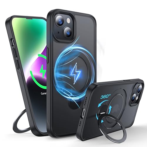 FNDMIL 360°Drehbarer Magnetisch für iPhone 14 Plus/15 Plus Hülle mit MagSafe [Rutschfester Textur][Unsichtbarer Ständer][Militär Schutz] Translucent Matt mit Silikon Case Dünn,Mitternacht Schwarz von FNDMIL