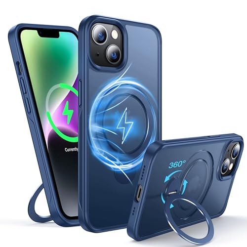 FNDMIL 360°Drehbarer Magnetisch für iPhone 14 Plus/15 Plus Hülle mit MagSafe[Rutschfester Textur][Unsichtbarer Ständer][Militär Schutz]Translucent Matt mit Silikon für iPhone 14 Plus/15 Plus Case,Blau von FNDMIL