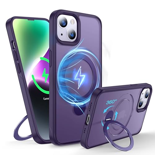 FNDMIL 360°Drehbarer Magnetisch für iPhone 14 Plus/15 Plus Hülle mit MagSafe[Rutschfester Textur][Unsichtbarer Ständer][Militär Schutz]Translucent Matt mit Silikon für iPhone 14 Plus/15 Plus Case,Lila von FNDMIL