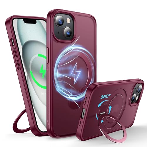 FNDMIL 360°Drehbarer Magnetisch für iPhone 14 Plus/15 Plus Hülle mit MagSafe[Rutschfester Textur][Unsichtbarer Ständer][Militär Schutz]Translucent Matt mit Silikon für iPhone 14 Plus/15 Plus Case,Rot von FNDMIL