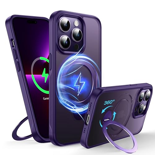 FNDMIL 360°Drehbarer Magnetisch für iPhone 14 Pro Hülle mit MagSafe [Rutschfester Textur][Unsichtbarer Ständer][Militär Schutz] Translucent Matt Hardcase mit Silikon für iPhone 14 Pro Case Dünn,Lila von FNDMIL