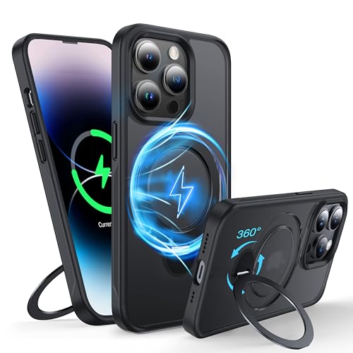 FNDMIL 360°Drehbarer Magnetisch für iPhone 14 Pro Hülle mit MagSafe [Rutschfester Textur][Unsichtbarer Ständer][Militär Schutz]Translucent Matt Hardcase mit Silikon für iPhone 14 Pro Case Dünn,Schwarz von FNDMIL