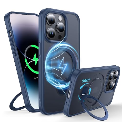 FNDMIL 360°Drehbarer Magnetisch für iPhone 14 Pro Hülle mit MagSafe [Rutschfester Textur][Unsichtbarer Ständer][Militär Schutz] Translucent Matt Hardcase mit Silikon für iPhone 14 Pro Case Dünn, Blau von FNDMIL