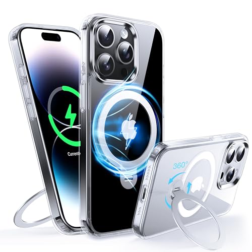FNDMIL 360°Drehbarer Magnetisch für iPhone 14 Pro Hülle mit MagSafe [Rutschfester Textur][Unsichtbarer Ständer][Militär Schutz] Transparente Hartschale mit Silikon für iPhone 14 Pro Case Dünn,Klar von FNDMIL