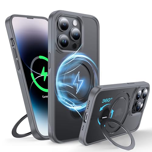 FNDMIL 360°Drehbarer Magnetisch für iPhone 14 Pro Max Hülle mit MagSafe [Rutschfester Textur][Unsichtbarer Ständer][Militär Schutz] Translucent Matt mit Silikon für iPhone 14 Pro Max Case Dünn,Grau von FNDMIL