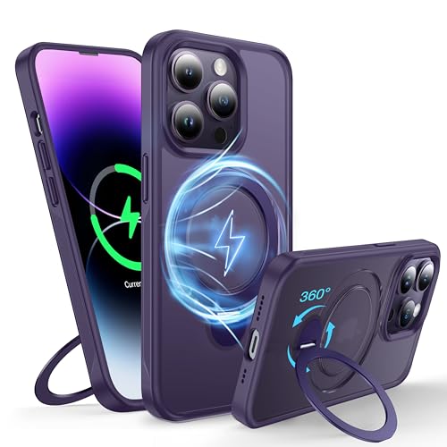 FNDMIL 360°Drehbarer Magnetisch für iPhone 14 Pro Max Hülle mit MagSafe [Rutschfester Textur][Unsichtbarer Ständer][Militär Schutz] Translucent Matt mit Silikon für iPhone 14 Pro Max Case Dünn,Lila von FNDMIL