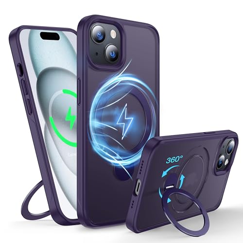 FNDMIL 360°Drehbarer Magnetisch für iPhone 15 Hülle mit MagSafe [Rutschfester Textur][Unsichtbarer Ständer][Militär Schutz] Translucent Matt Hardcase mit Silikon für iPhone 15 Case Dünn,Lila von FNDMIL
