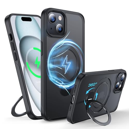 FNDMIL 360°Drehbarer Magnetisch für iPhone 15 Hülle mit MagSafe [Rutschfester Textur][Unsichtbarer Ständer][Militär Schutz] Translucent Matt Hardcase mit Silikon für iPhone 15 Case Dünn,Schwarz von FNDMIL