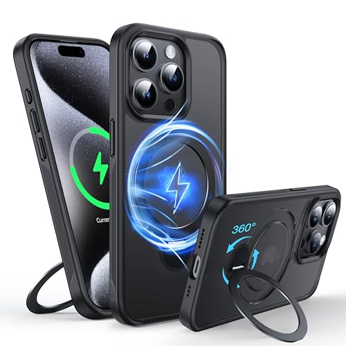 FNDMIL 360°Drehbarer Magnetisch für iPhone 15 Pro Hülle mit MagSafe [Rutschfester Textur][Unsichtbarer Ständer][Militär Schutz]Translucent Matt Hardcase mit Silikon für iPhone 15 Pro Case Dünn Schwarz von FNDMIL