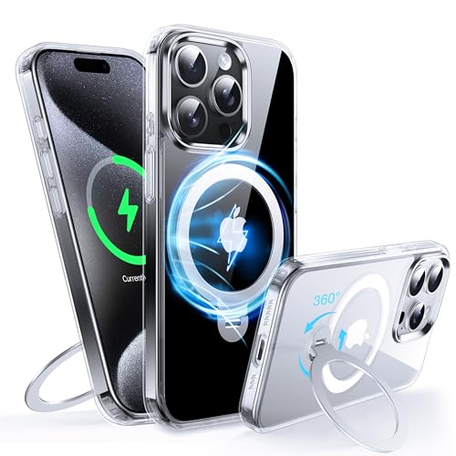 FNDMIL 360°Drehbarer Magnetisch für iPhone 15 Pro Hülle mit MagSafe [Rutschfester Textur][Unsichtbarer Ständer][Militär Schutz] Transparente Hartschale mit Silikon für iPhone 15 Pro Case Dünn,Klar von FNDMIL