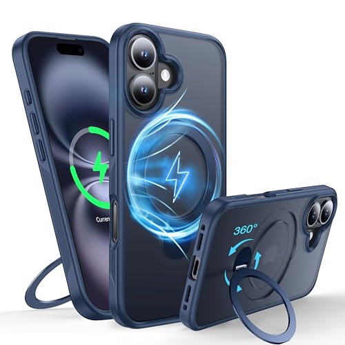 FNDMIL 360°Drehbarer Magnetisch für iPhone 16 Hülle mit MagSafe [Rutschfester Textur][Unsichtbarer Ständer][Militär Schutz] Translucent Matt Hardcase mit Silikon für iPhone 16 Case Dünn, Blau von FNDMIL