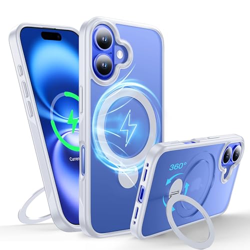 FNDMIL 360°Drehbarer Magnetisch für iPhone 16 Hülle mit MagSafe [Rutschfester Textur][Unsichtbarer Ständer][Militär Schutz] Translucent Matt Hardcase mit Silikon für iPhone 16 Case Dünn, Weiß von FNDMIL
