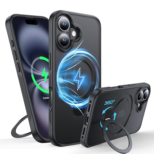 FNDMIL 360°Drehbarer Magnetisch für iPhone 16 Hülle mit MagSafe [Rutschfester Textur][Unsichtbarer Ständer][Militär Schutz] Translucent Matt Hardcase mit Silikon für iPhone 16 Case Dünn,Schwarz von FNDMIL